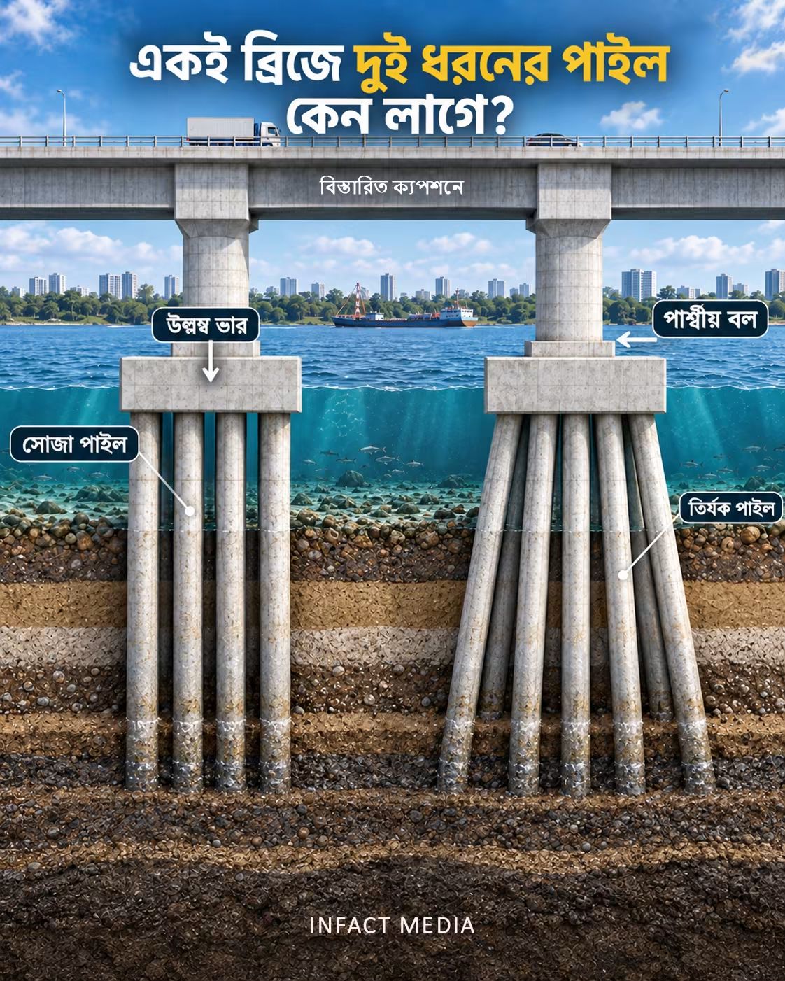 ব্রিজের সব পাইল সোজা থাকে না। কিছু পাইল…
